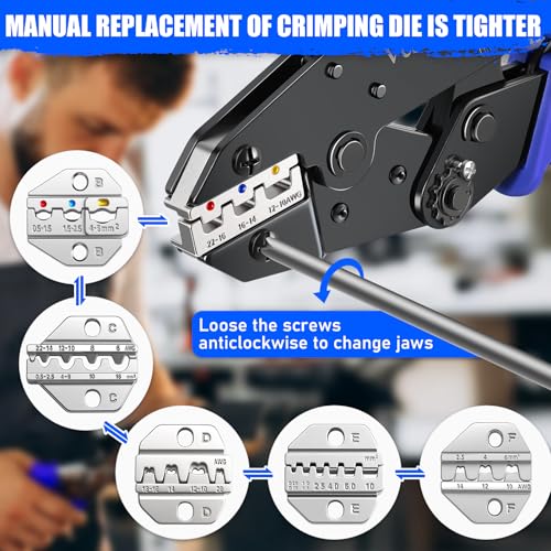 Crimping Tool Set 6PCS - Ratchet Wire Crimping Tool for Heat Shrink,Insulated Nylon,Non-Insulated,wire ferrules,Open Barrel Terminals,Solar Connectors - Crimper with 6 Interchangeable Die