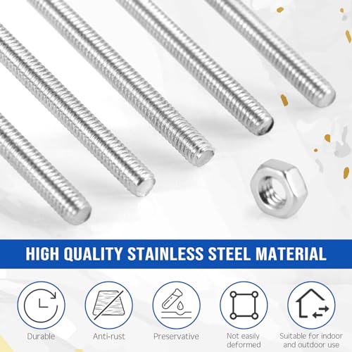 Blulu 100 Set 8/32 Inch Threaded Rods with Hex Nuts 12.99 Inch 100 Pcs Threads 100 pcs Stainless Steel Hex Nuts Right Hand Beaded Garden Stake Rods for Clamp Hanger
