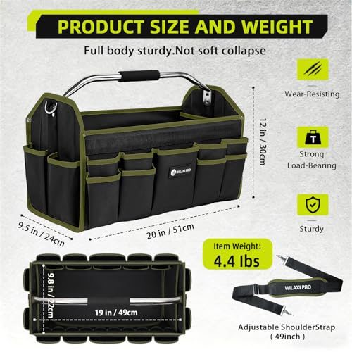 WILAXI PRO 20in Foldable Open Top Tool Bags For Men Heavy Duty, Tool Carrier hard With Handle, Wide Mouth Electrician Tool Tote, Many Pockets Can Hold Many Tool, Green