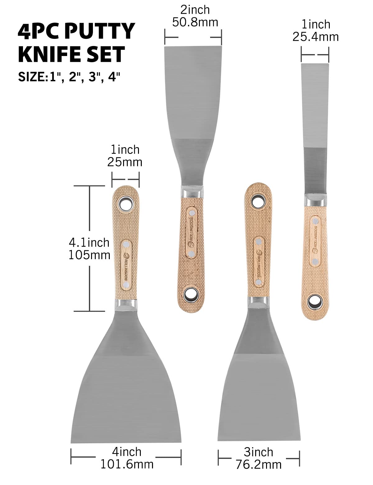 ROLLINGDOG 4PC(1",2",3",4") Putty Knife Scraper Set with Full Tang Ultra Flexible High Tensile Stainless Steel Blade,Perfect for Scraping, Cleaning, Spreading on Drywall Repairs