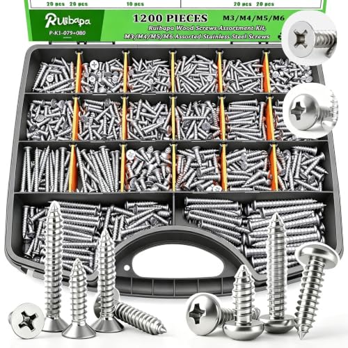 1200 PCS Stainless Steel Wood Screws Assortment Kit,Self Tapping Screws M3/M4/M5/M6 Screws Assortment Kit,1200Pcs(605pcs Round Head & 595pcs Flat Head) Sheet Metal Screws Assorted