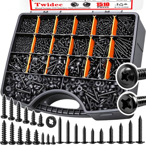 Twidec/1510PCS Black Wood Screws M2 M3 M4#8#10 Truss Head＆Pan Head Screws