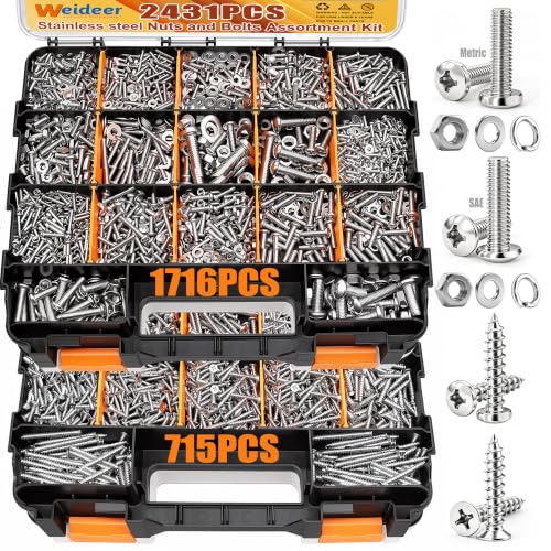 weideer 2431PCS Stainless Steel Nuts and Bolts Assortment,Metric&SAE Screws