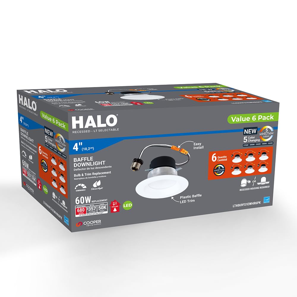 HALO LT 4 inch LED recessed Can Light Trim, 5 CCT, Dimmable, 700lm 6PK