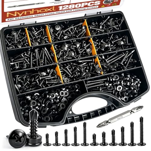Nynhoxl 1280pcs #8#10 Self Tapping Screws for Metal, 410 Stainless Steel Truss Head Self Drilling Screws, 11 Sizes 1/2" - 1-1/2" Sheet Metal Screws Assortment Kit with Washers