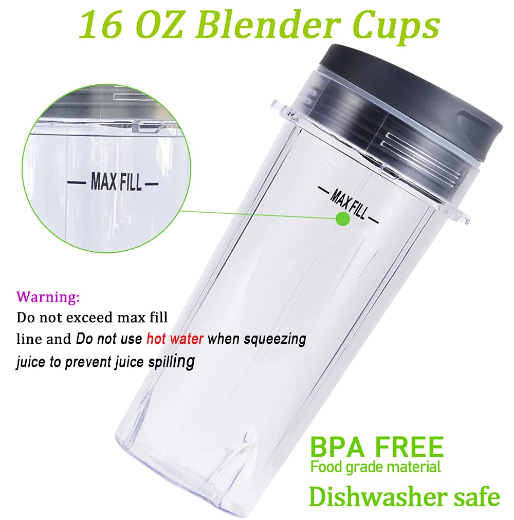 Replacement 6-Fin Male Blade and 16oz Cups for Nutri Ninja Blender,Only for BL660 BL663 BL740 BL770 BL771 BL772 BL773 BL780 (5-pack)