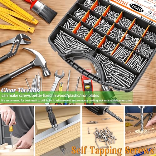 Dianrui 1200 PCS Wood Screws Assortment Kit, Assorted 304 Stainless Steel Screws M3/M4/M5/M6, ‌Phillips Drive Sheet Metal Self Tapping Screw Set Marine Grade (Pan & Flat Head Screw) Length 1/4" to 2"