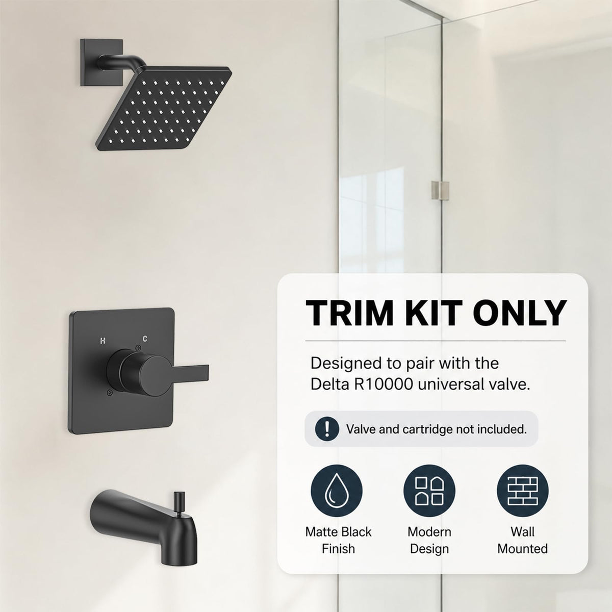 Replacement for Delta 13/14 Series Shower Trim Kit, Compatible with Delta R10000 Valve Tub Shower Faucet Set, Black Shower Head and Handle Set, Matte Black (Cartridge and Valve Not Included)