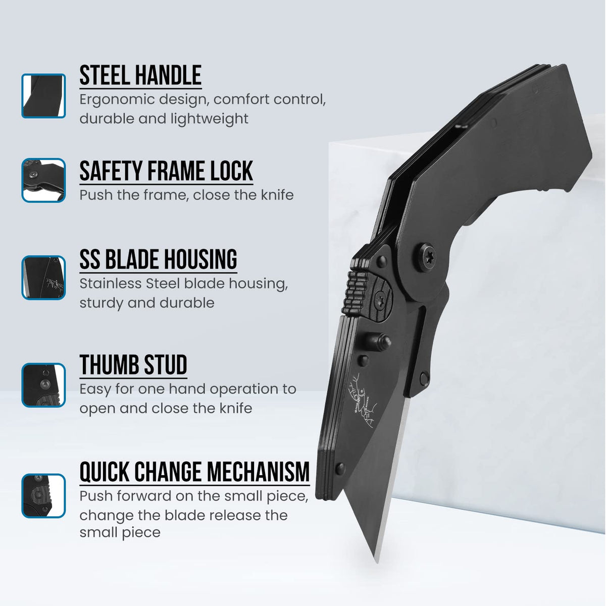 Lichamp 6-Pack Folding Utility Knife, Quick-Change Box Cutter with Razor Blades & Belt Clip, Portable Construction Tool for DIY, Outdoor & Warehouse Use, Black