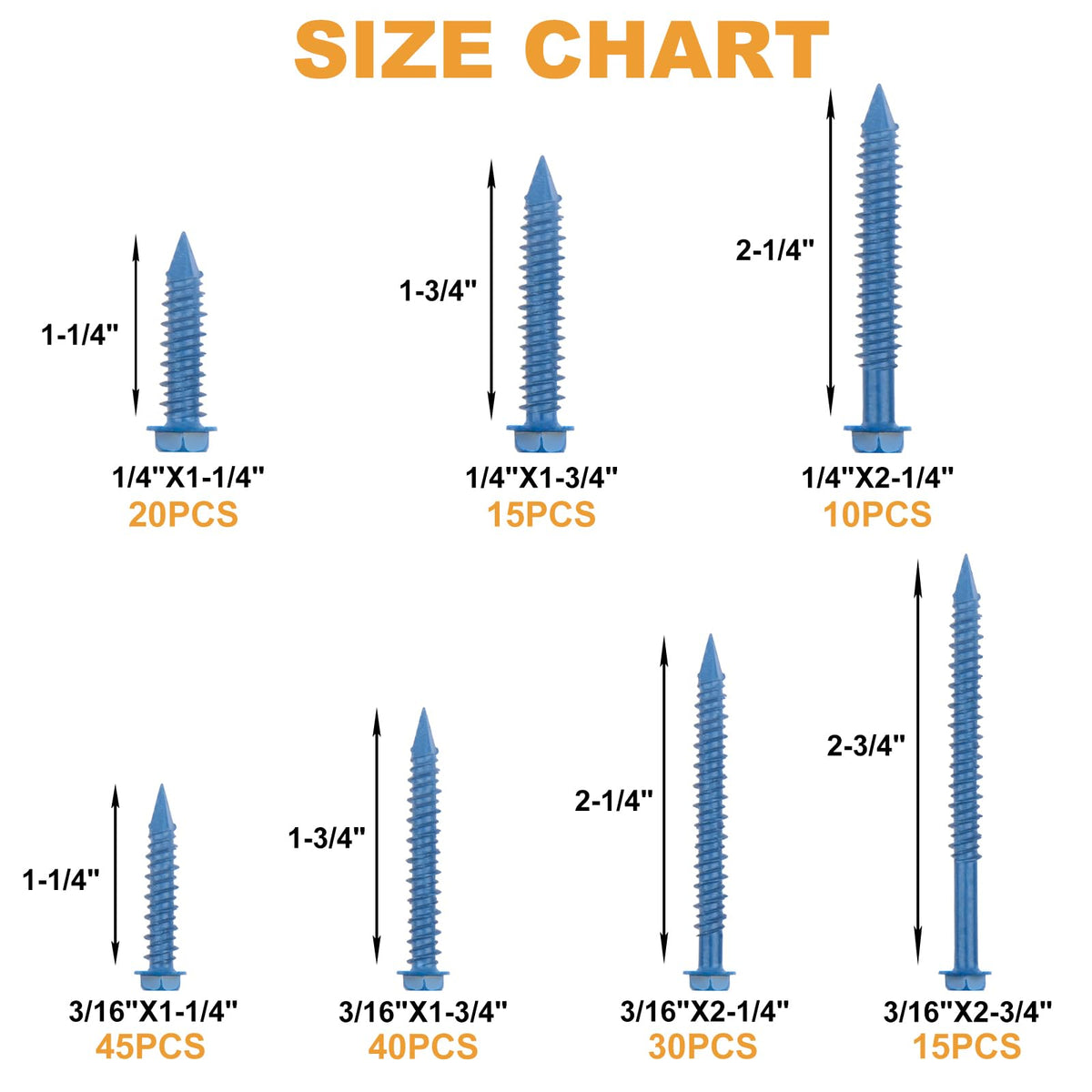 VIGRUE 175PCS Concrete Screws Assortment Kit 1/4" x 1-1/4" to 2-1/4" and 3/16" x 1-1/4" to 2-3/4" 175PCS Hex Head Cement Screws Set Diamond Point for Anchoring to Masonry, Block or Brick