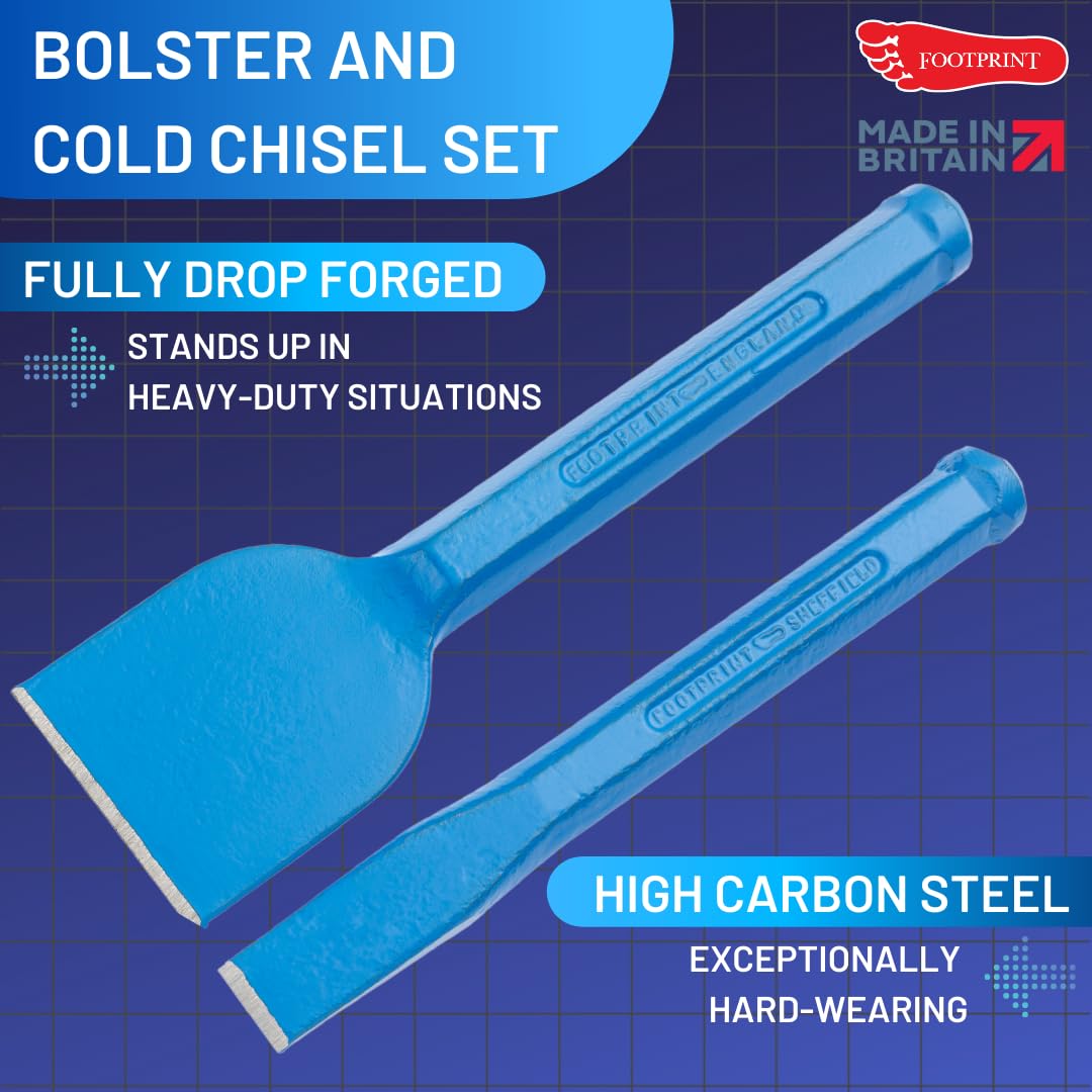 Footprint Bolster and Cold Chisel Set - Essential Heavy Duty Hand Tools for Builders, Bricklayers and DIY. Fully Forged for Superior Strength. Use on Brick, Mortar, Plaster, Floor, Stone.