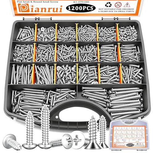 Dianrui 1200 PCS Wood Screws Assortment Kit, Assorted 304 Stainless Steel Screws M3/M4/M5/M6, ‌Phillips Drive Sheet Metal Self Tapping Screw Set Marine Grade (Pan & Flat Head Screw) Length 1/4" to 2"