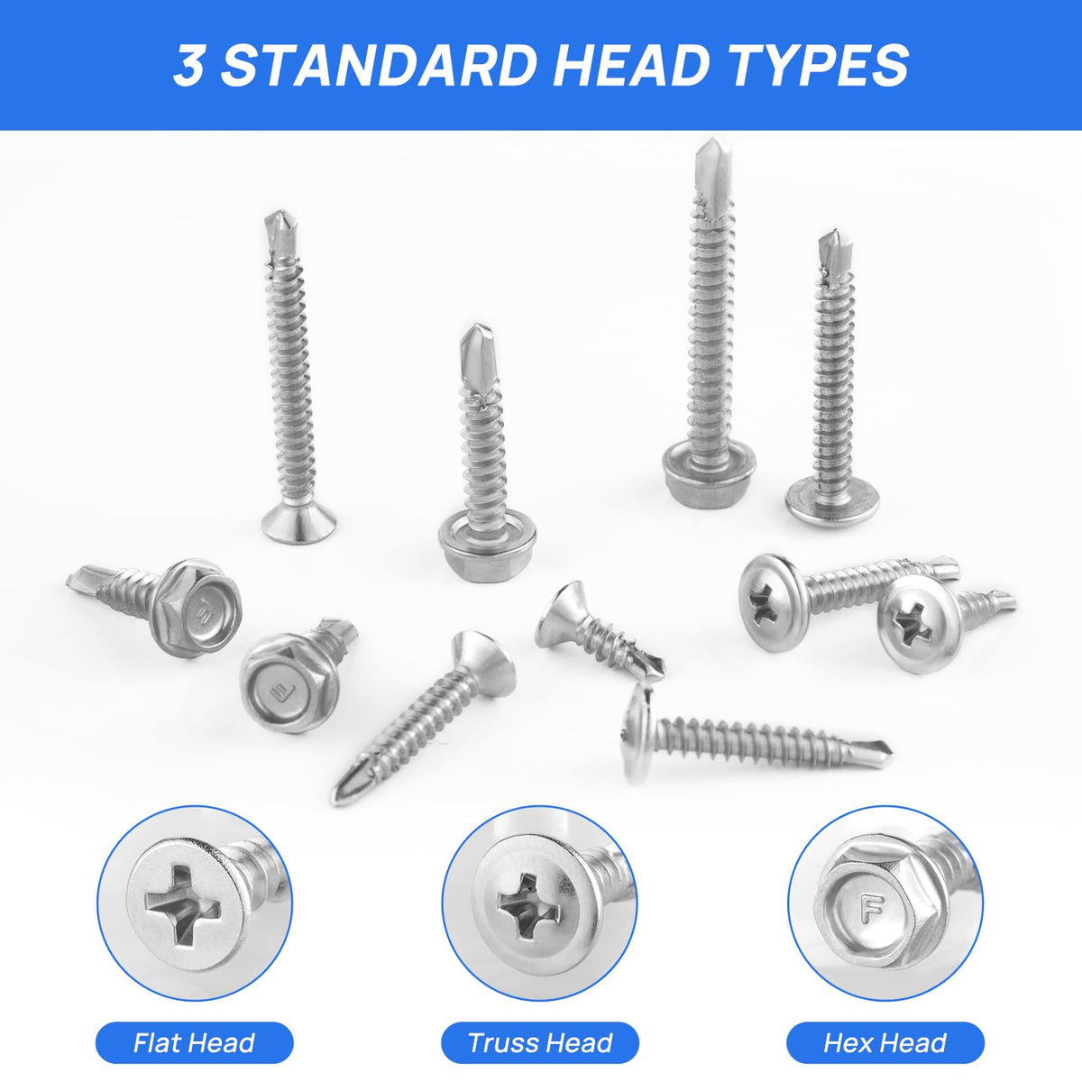 Besitu 430Pcs Self Tapping Screws for Metal, 410 Stainless Steel #8#10 Sheet Metal Screws Assortment, Truss Head & Hex Head & Pan Head Self Drilling Screws, Length 1/2" to 2"