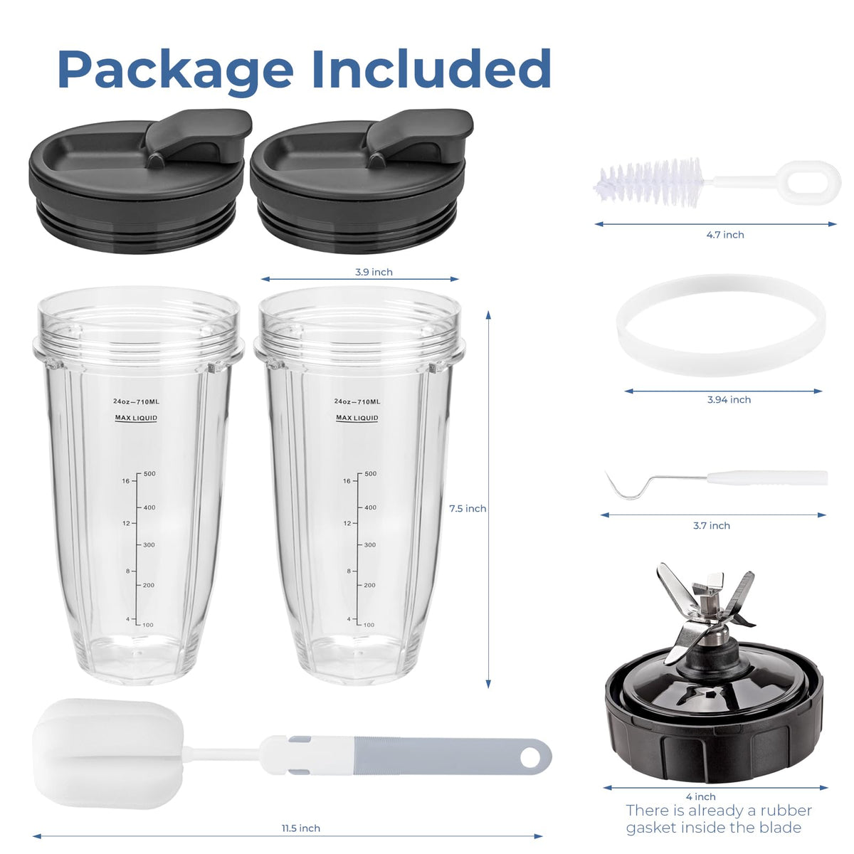 Blender Cups Replacement Parts For ninja,2-Pack 24oz Blender Cups with Sip & Seal Lids,7 fins Blender Replacement blade Compatible with Ninja BN401 BN751 BN801 BL480-30 BL642-30 BL682 BL687 NN102
