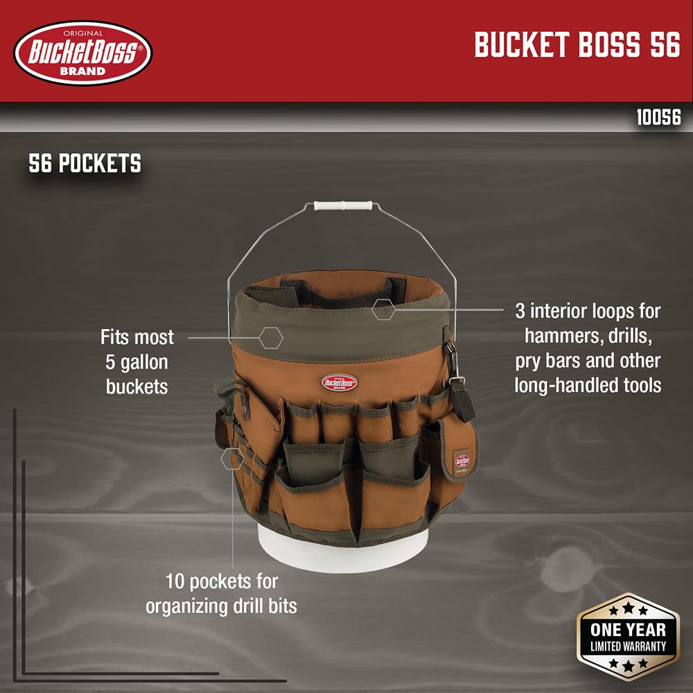 BucketBoss 10056 Bucket Boss 5 Gallon Bucket Canvas Tool Holder and Organizer with 56 Pockets for Bucket Organization in Brown and Green