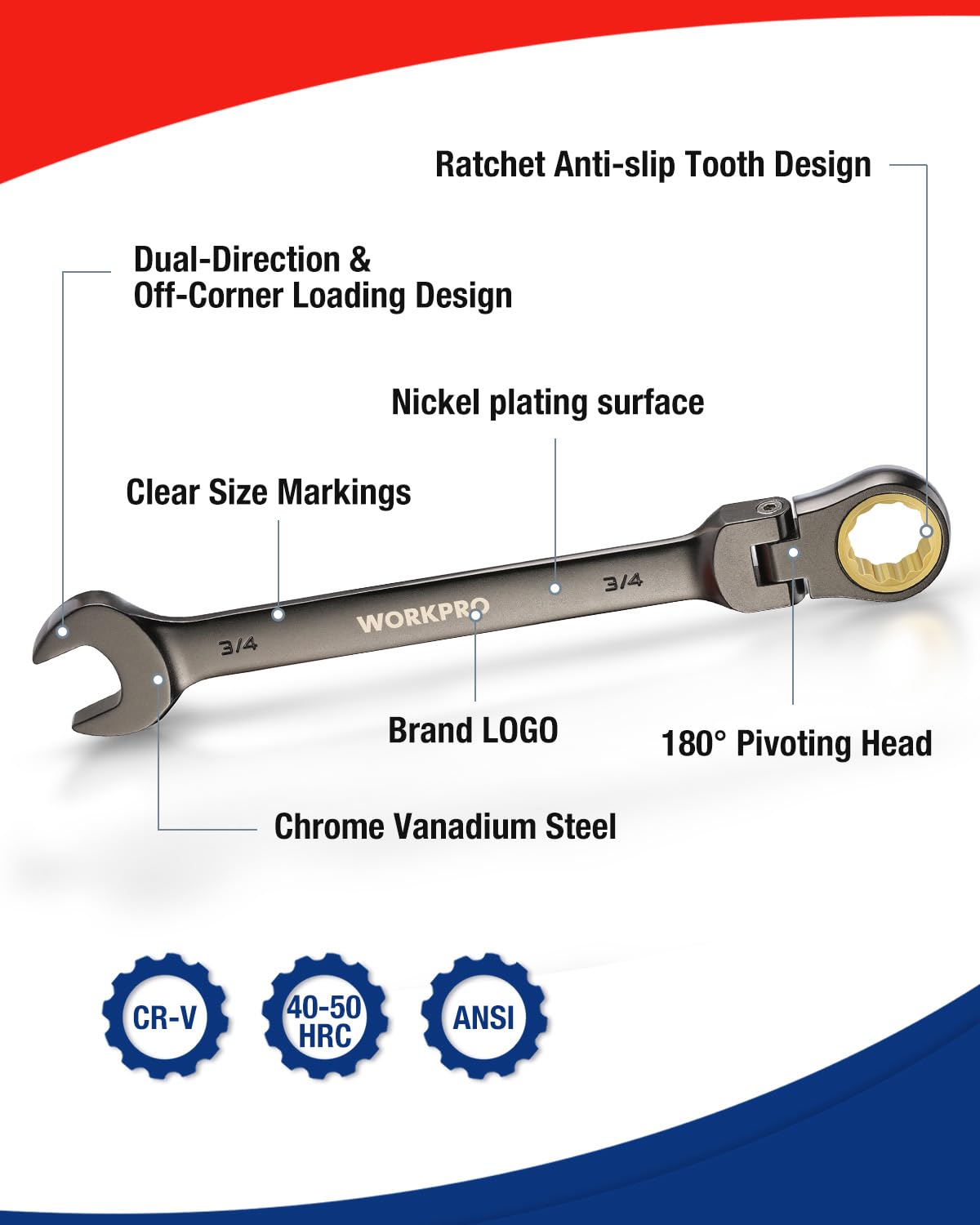 WORKPRO 8-piece Ratcheting Combination Wrench Set, SAE & Nickel Plating