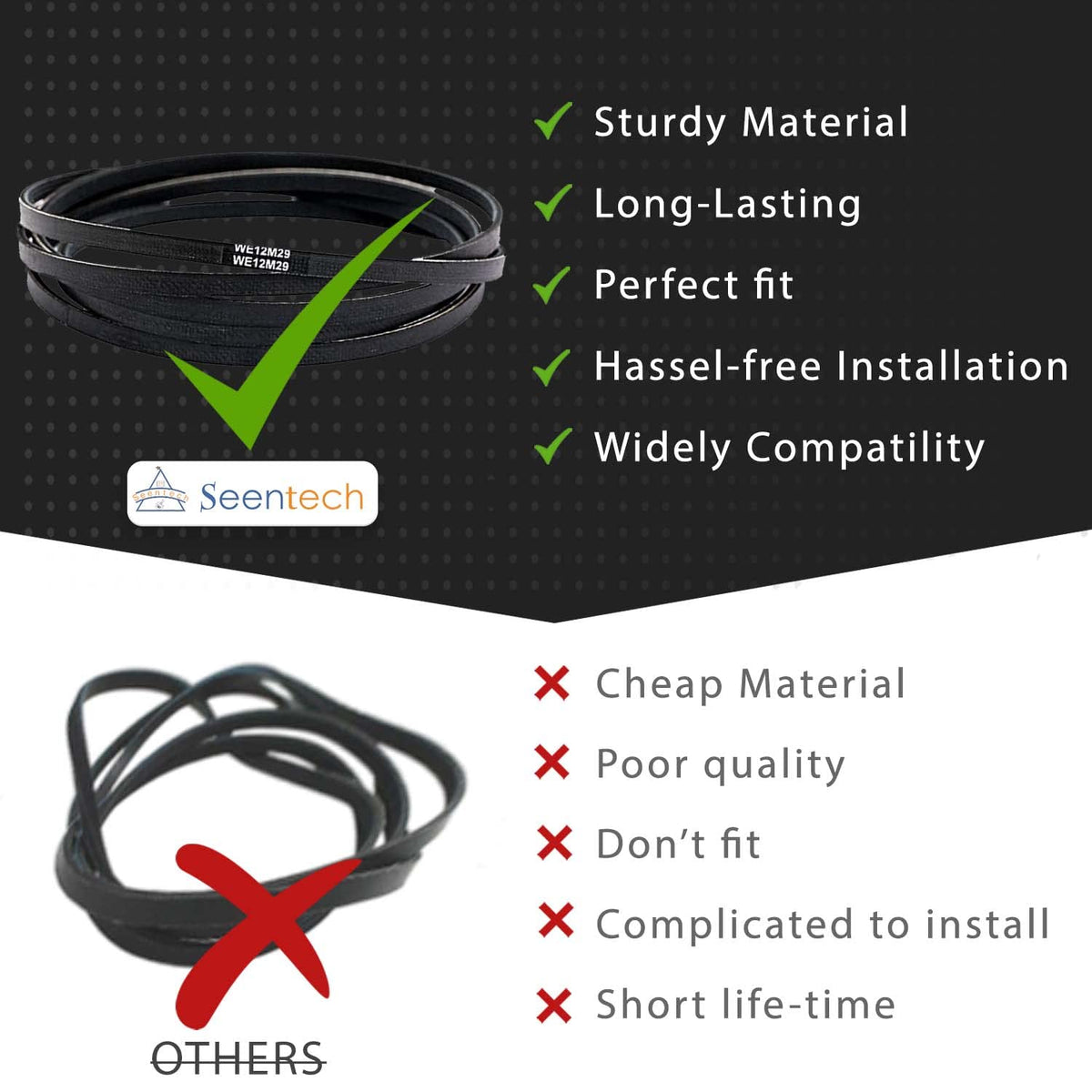 Seentech WE12M29 WE03X29897 Dryer Drum Belt for GE Hotpoint Frigidaire Dryer, 89.5 Inch 4 Rib Belt - Replaces WE12M22 WE12M33 137292700 134163500 AP4324040 PS1766009