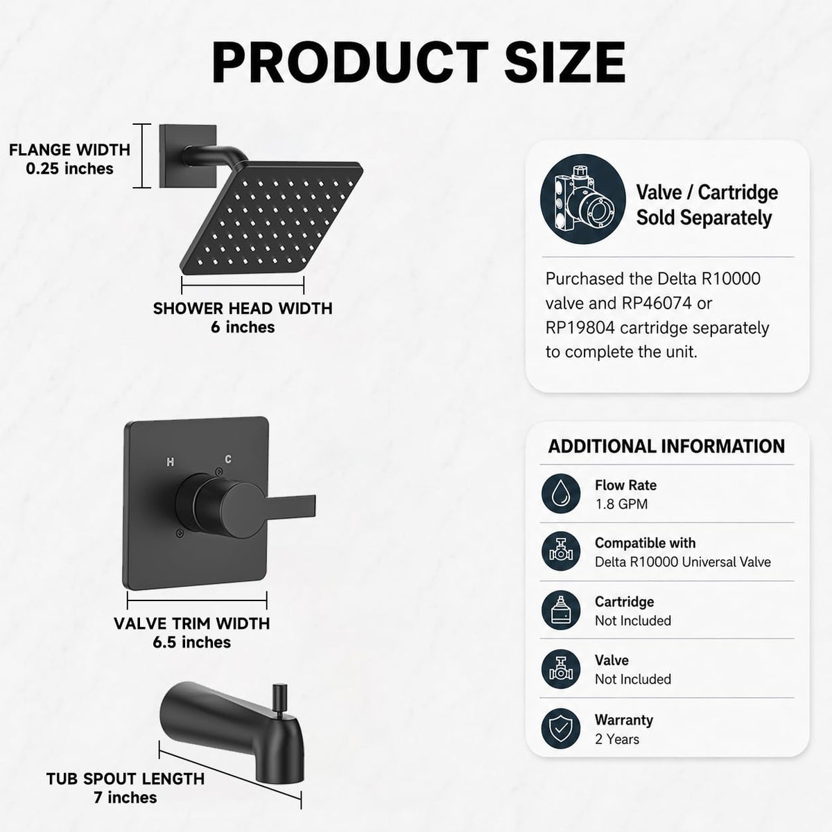Replacement for Delta 13/14 Series Shower Trim Kit, Compatible with Delta R10000 Valve Tub Shower Faucet Set, Black Shower Head and Handle Set, Matte Black (Cartridge and Valve Not Included)