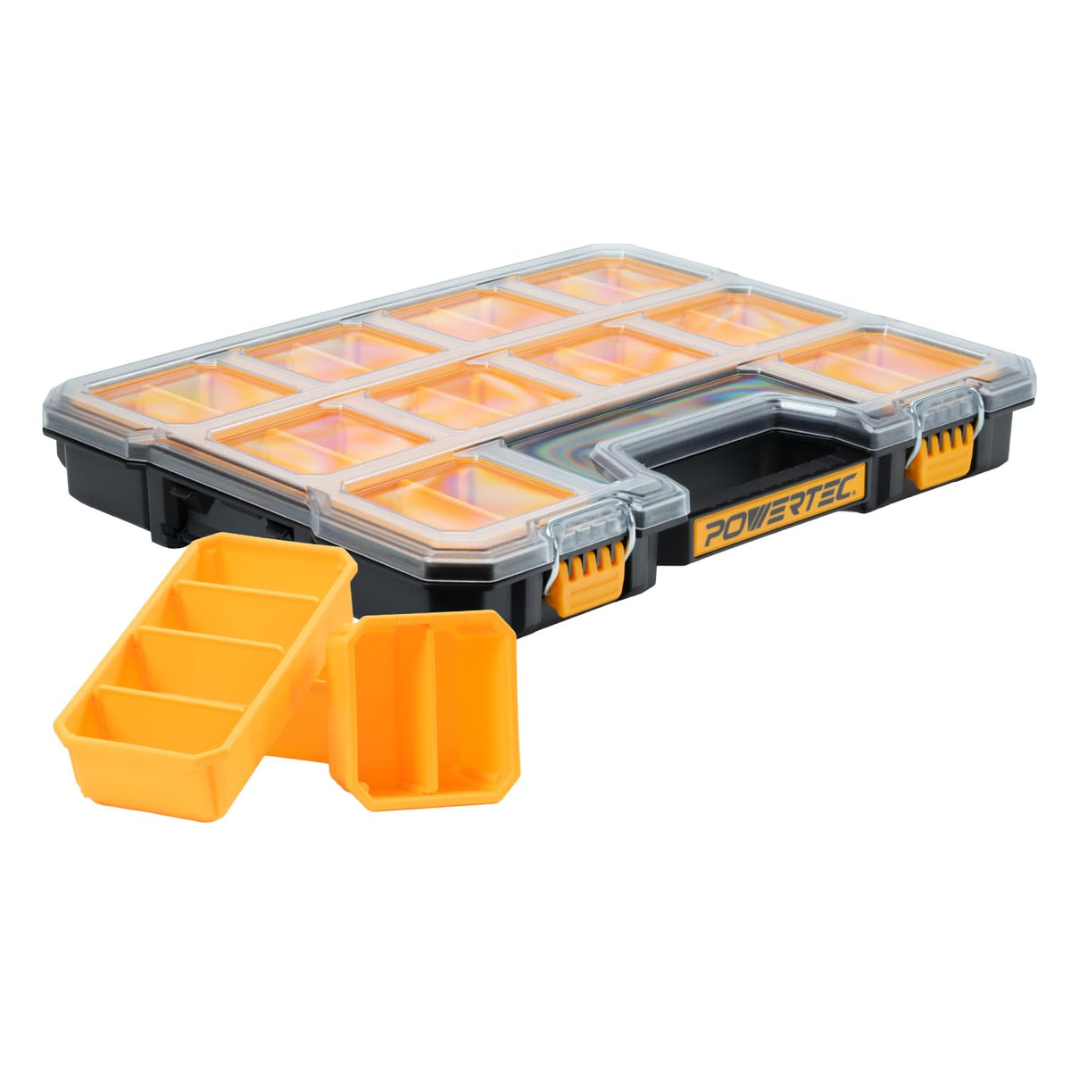 POWERTEC Small Parts Organizer & Tool Box – 20 Compartments, IP65 Water & Dust Protection, Stackable Storage with Interlocking Latch, Removable Bin, Dividers, Clear Lid, Portable Design (72366)