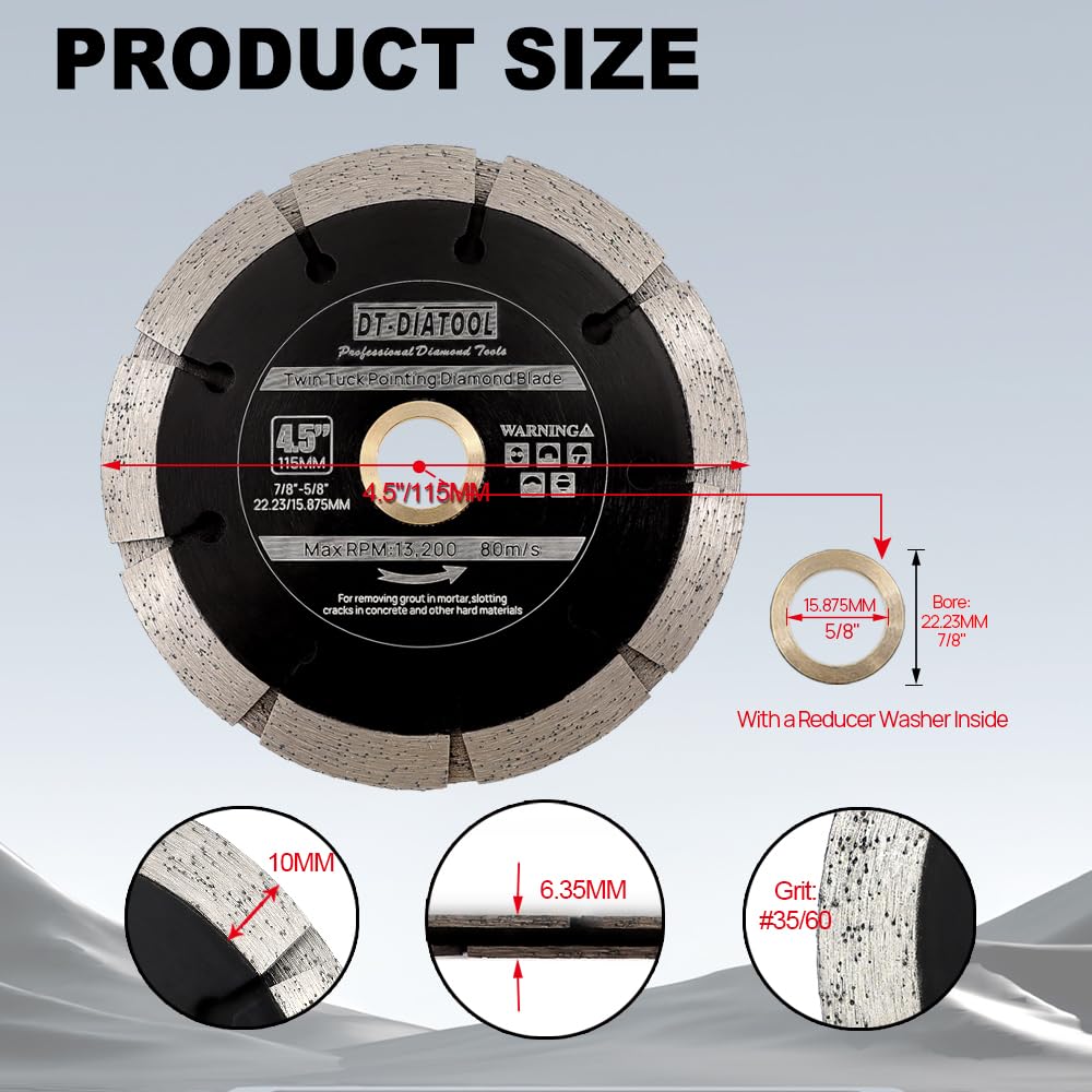 DT-DIATOOL Sandwich Tuck Point Blade - 4-1/2 Inch Mortar Raking Crack Chaser Dual Diamond Blade 7/8"-5/8" Arbor for Mortar Removal,Grout Concrete Asphalt Surfaces Repair,Masonry Brick Stone Cutting