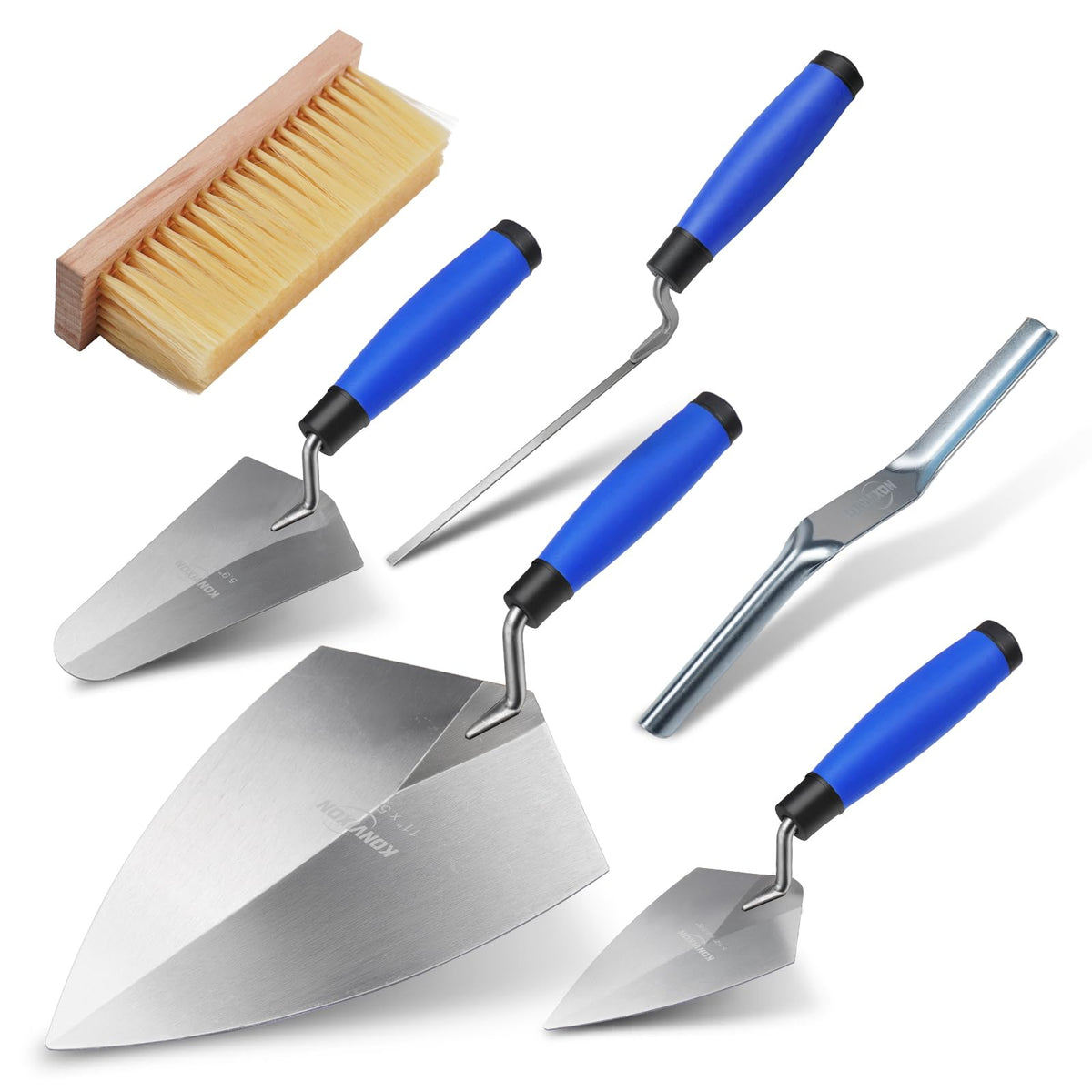 Konvixon 6PCS Masonry Hand Tools Set, 11"x5-1/2" Philadelphia Brick Trowel, 5.9"x3.4" Gauging trowel, 5-1/2"x2-7/8" Pointing Trowel, 10"x 5/8" Convex Brick Jointer, Tuck Pointing Trowel, Masonry Brush