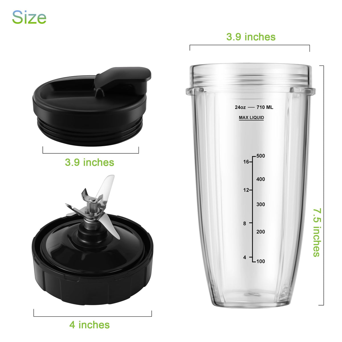 MEET JUICE 7-Fin Blender Replacement Parts for Ninja BL480 BL640 BL642 – 24oz Cup with Lid and Blade, Fits 7-Fin Drive Systems Only