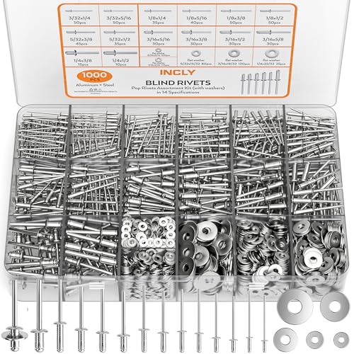 INCLY 1000PCS Aluminum Pop Rivets Assortment Kit with Washers