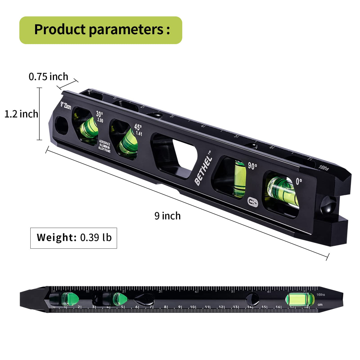 BETHEL Torpedo Level, Magnetic Conduit Level with 4 Vials, V-Groove and Magnet Track,Aluminum Alloy Construction, High Viz Black (9 inch)