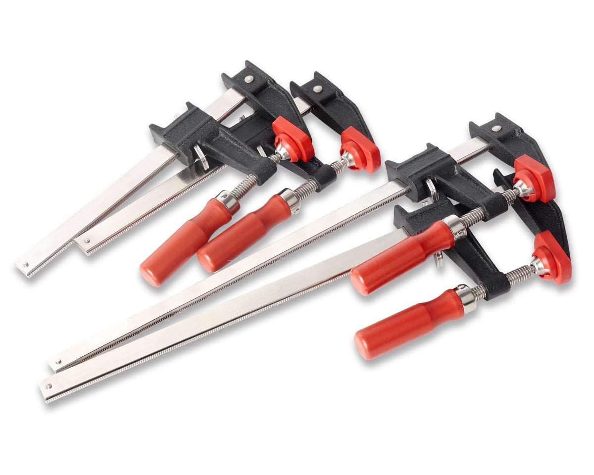 BESSEY GSCC4PK-C Clamp Set for Woodworking, F-style with Wood Handle, Replaceable Pads, 2 x 6 In and 2 x 12 In, 600 lb, Red/Black/Silver