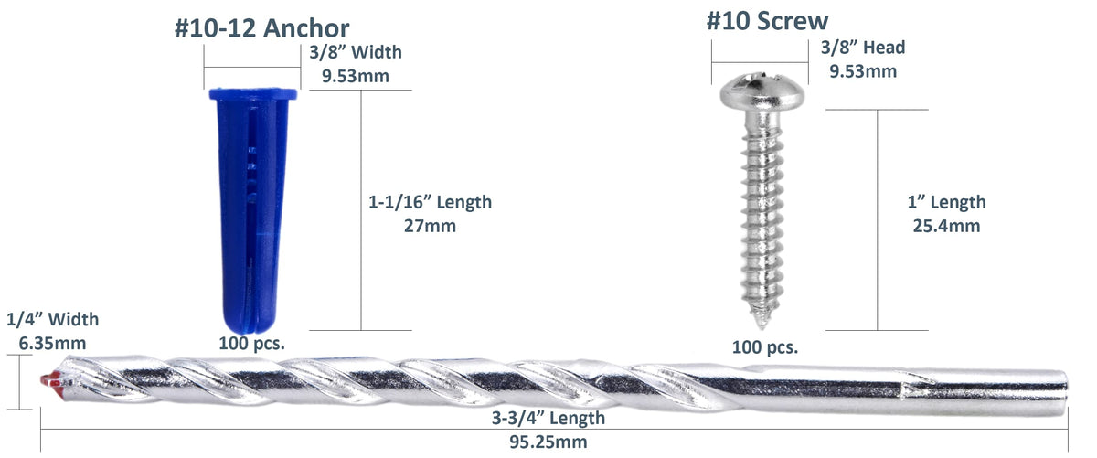CONFAST® #10-12 Plastic Conical Blue Bantam Drywall Wall Anchor Kit PAK1012, Includes (100) Anchors, (100) Screws and (1) Drill bit (201 Pieces)