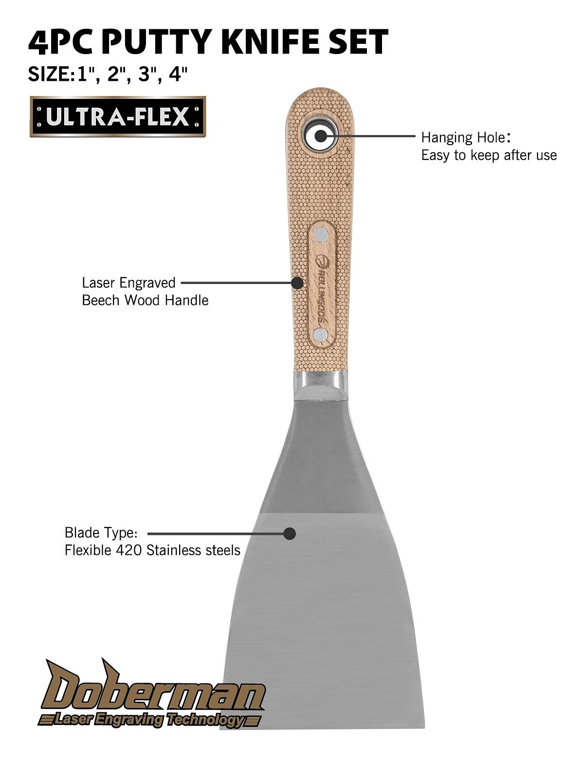 ROLLINGDOG 4PC(1",2",3",4") Putty Knife Scraper Set with Full Tang Ultra Flexible High Tensile Stainless Steel Blade,Perfect for Scraping, Cleaning, Spreading on Drywall Repairs