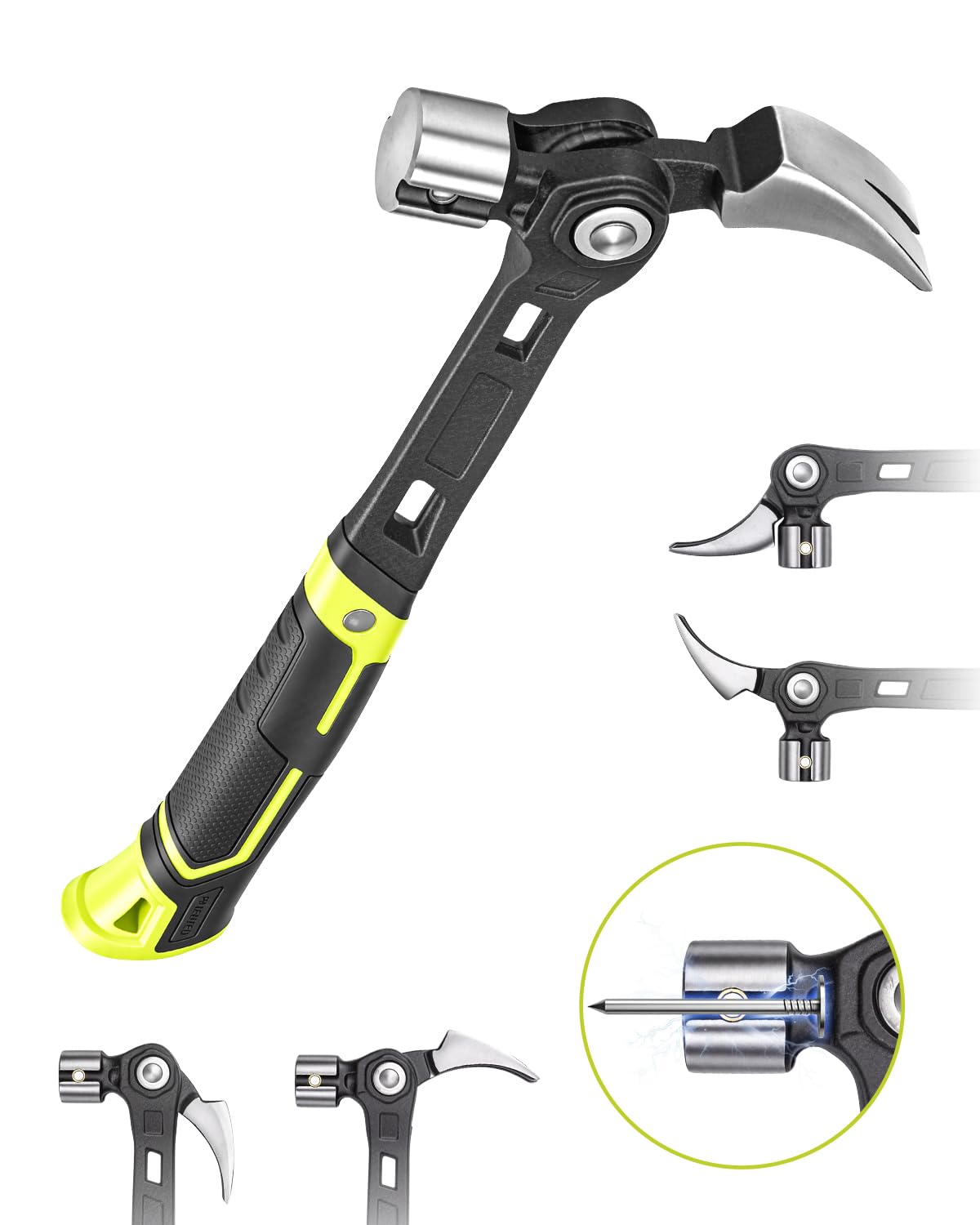 Adjustable Claw Hammer with 4-Position Nail Puller and Magnetic Starter