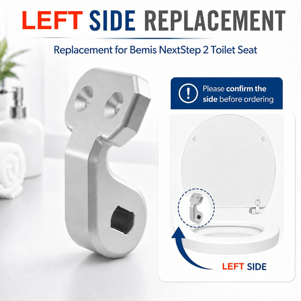 Aluminum Toilet Seat Hinges Replacement for Bemis Nextstep 2 Toilet Seat, Slow Close Hinge Bracket Silver（Left Side）