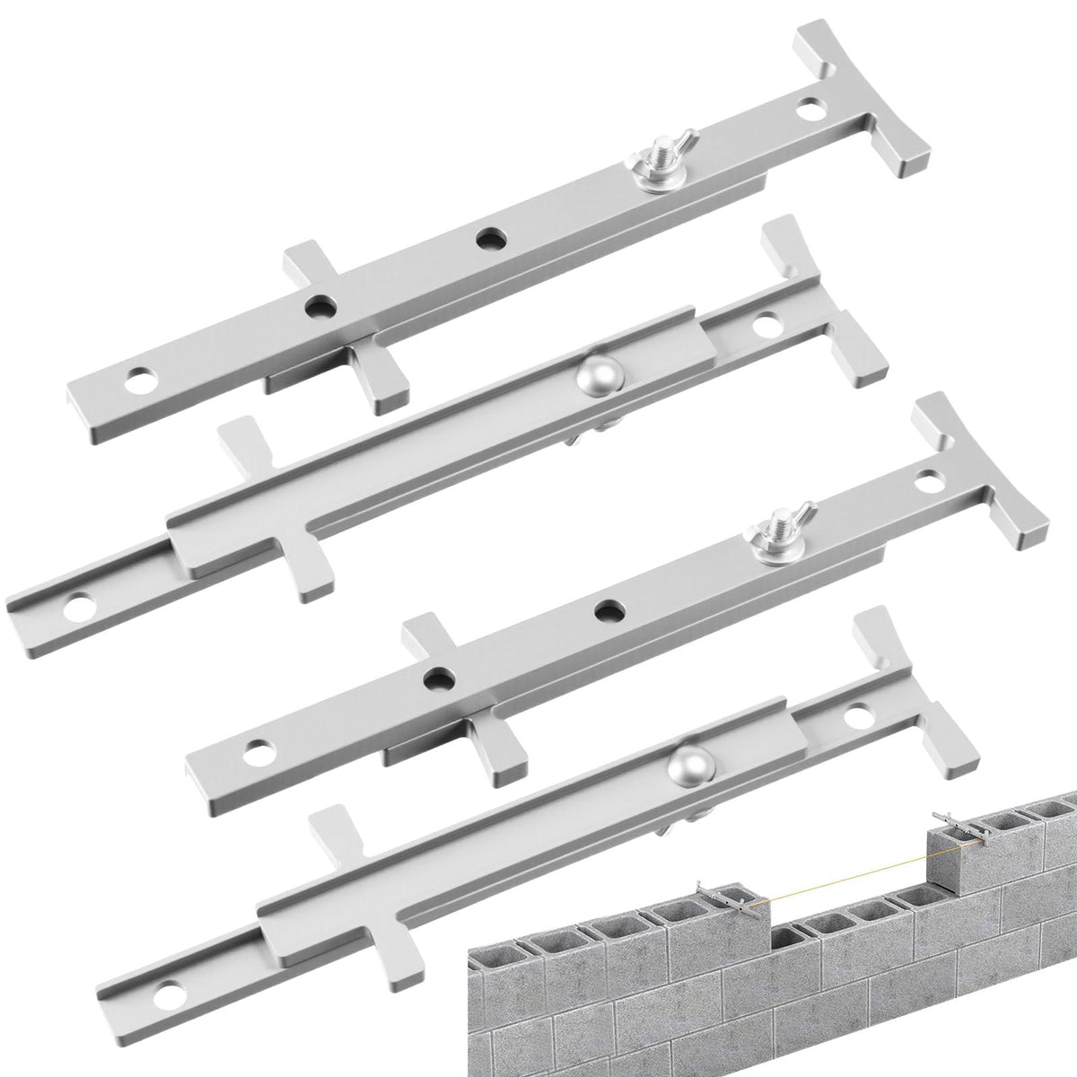 DoubleFill 2 Pair Aluminum Line Stretchers Adjustable 4-12 Inch, Heavy Duty Sliding Blocks for Masonry Tools, Line for Bricklaying (Natural)
