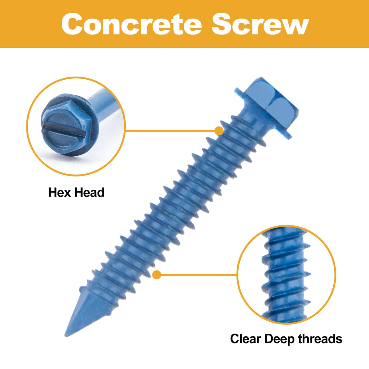 VIGRUE 175PCS Concrete Screws Assortment Kit 1/4" x 1-1/4" to 2-1/4" and 3/16" x 1-1/4" to 2-3/4" 175PCS Hex Head Cement Screws Set Diamond Point for Anchoring to Masonry, Block or Brick