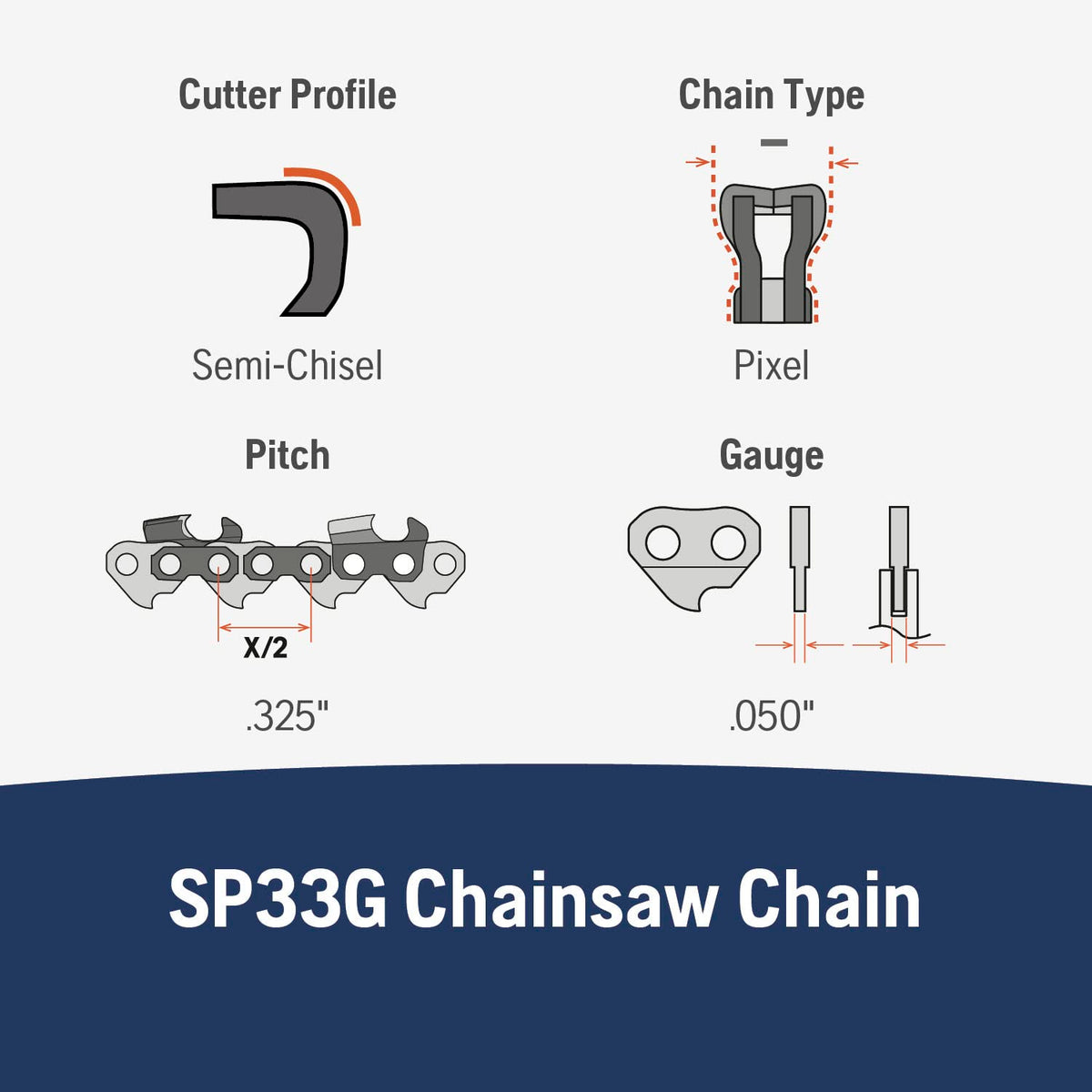 Husqvarna X-Cut SP33G 16 Inch Chainsaw Chain, 325" Pitch, 050" Gauge, 66 Drive Links, Pre-Stretched Chainsaw Blade Replacement with Superior Lubrication and Low Kickback,Grey