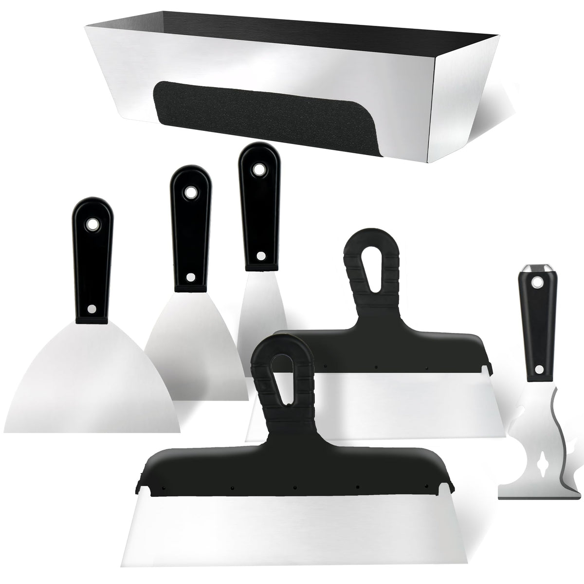 Drywall Tools Set, 7 PCS Stainless Steel Drywall knives with 12” Mud Pan