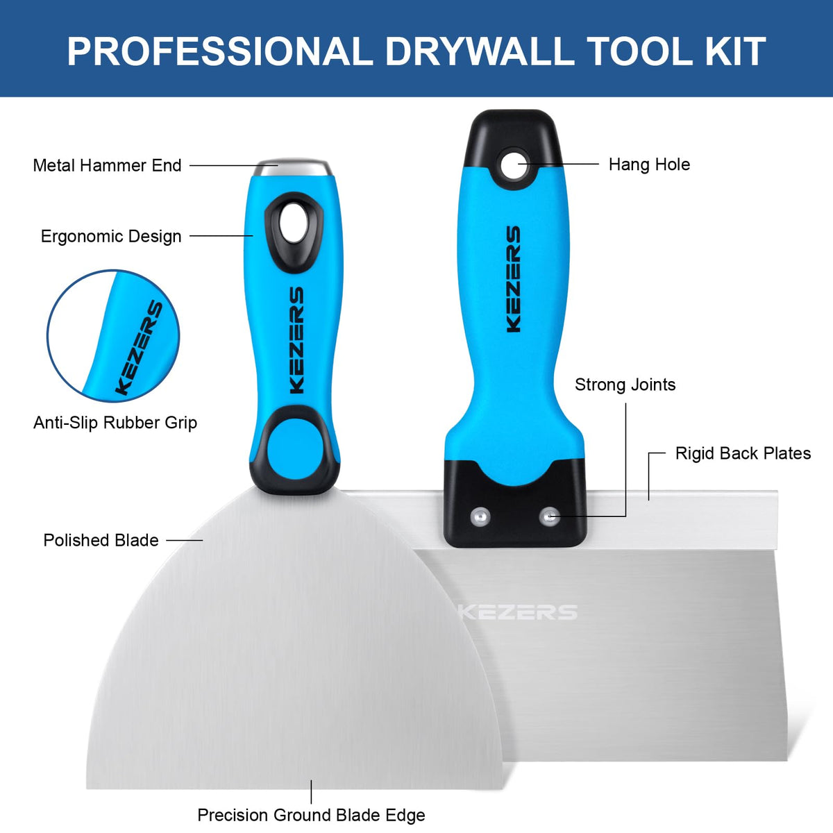 KEZERS Stainless Steel Drywall Finishing Hand Tool Kit with 12” Mud Pan