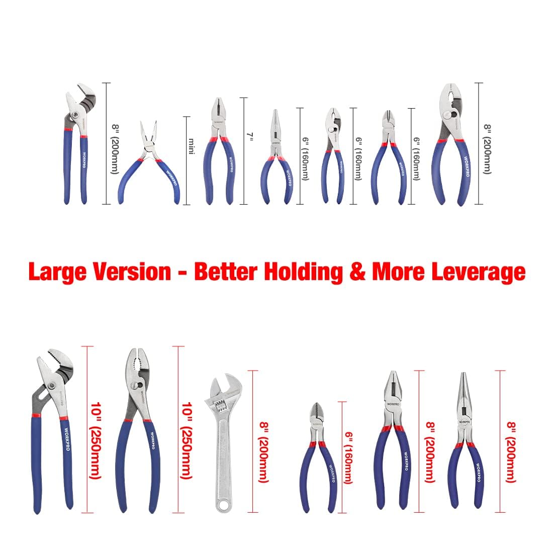 WORKPRO Large Pliers & Wrench Set 6-Piece (10" Water Pump, 10" Slip Joint, 8" Long Nose, 8" Linesman, 6" Diagonal, 8" Adjustable Wrench) for DIY & Home Use, W001329A