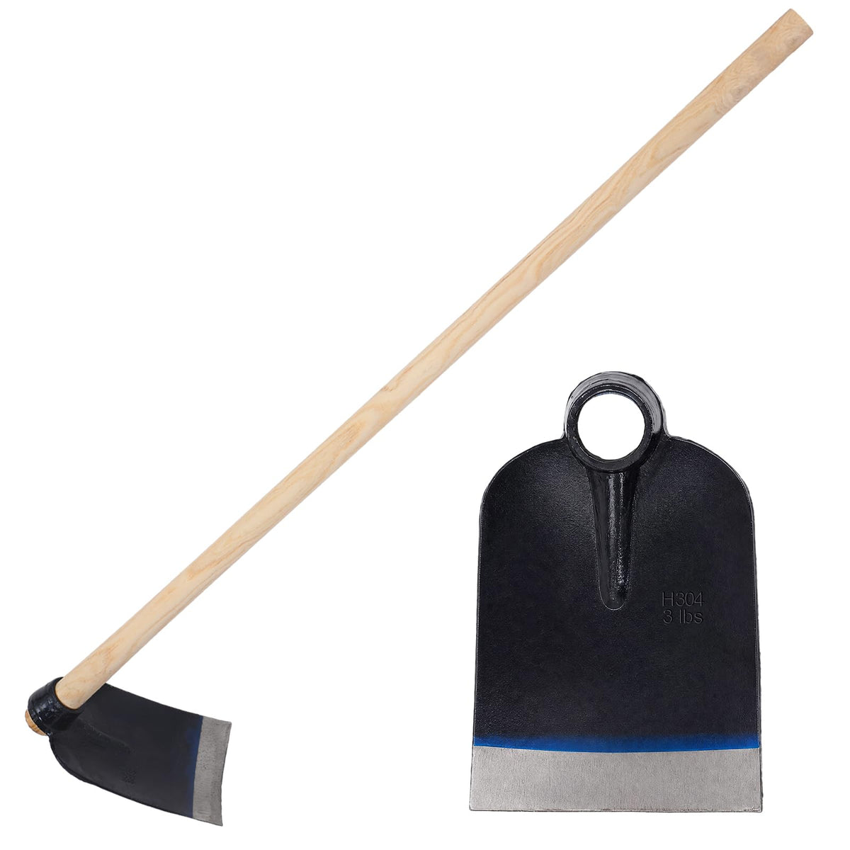 51 Inch Wood Handle Grub Hoe, 7-1/2'' Blade Width, 1-3/4'' Eye Hole, Heavy Duty Steel Garden Hoe for Grubbing Tough Soil, Garden Hacking, Farming, Landscaping, Yard Digging and Weeding