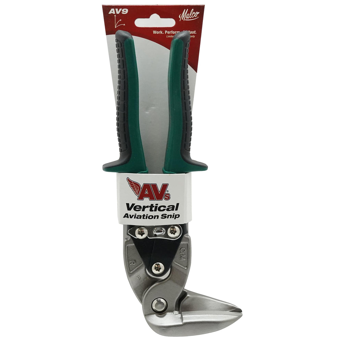 Malco AV9 Vertical Aviation Snip – RIGHT Cut - Green Grip, 90° Upright Jaws for Tight Spaces & Overhead, 24-Gauge Steel & 28-Gauge Stainless, Serrated Upper Jaw, Forged Steel, HVAC & Roofing