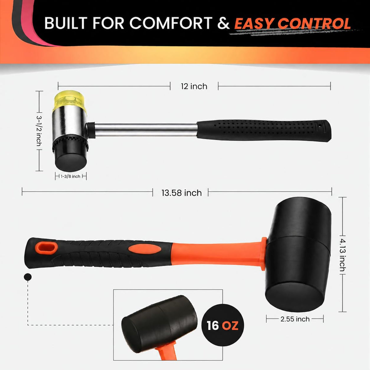 2 Piece Rubber Mallet Hammer Set, 16 oz & 35mm Soft Blow Mallets