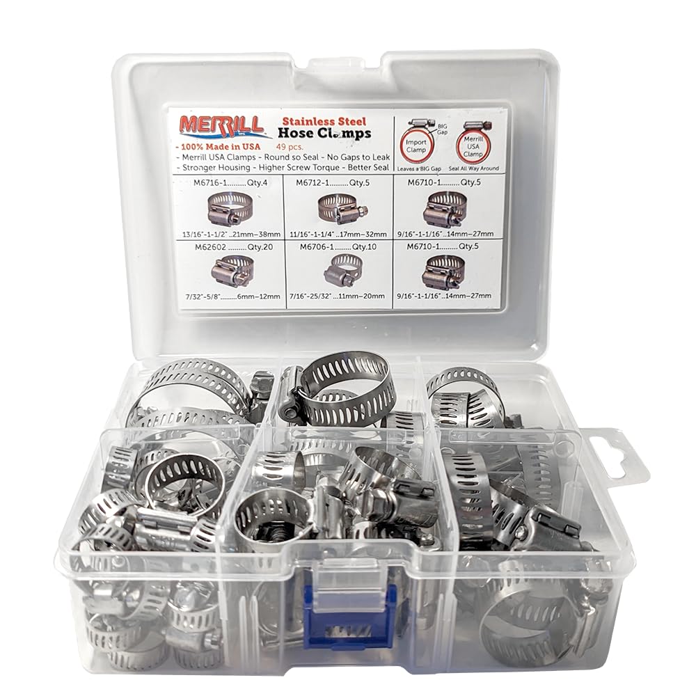 Merrill MFG Hose Clamp Assortment Kit- 49 Pieces Stainless Steel Hose Clamp Adjustable, Worm Gear Metal Fuel Line Clamp for Plumbing, Automotive And Mechanical Applications