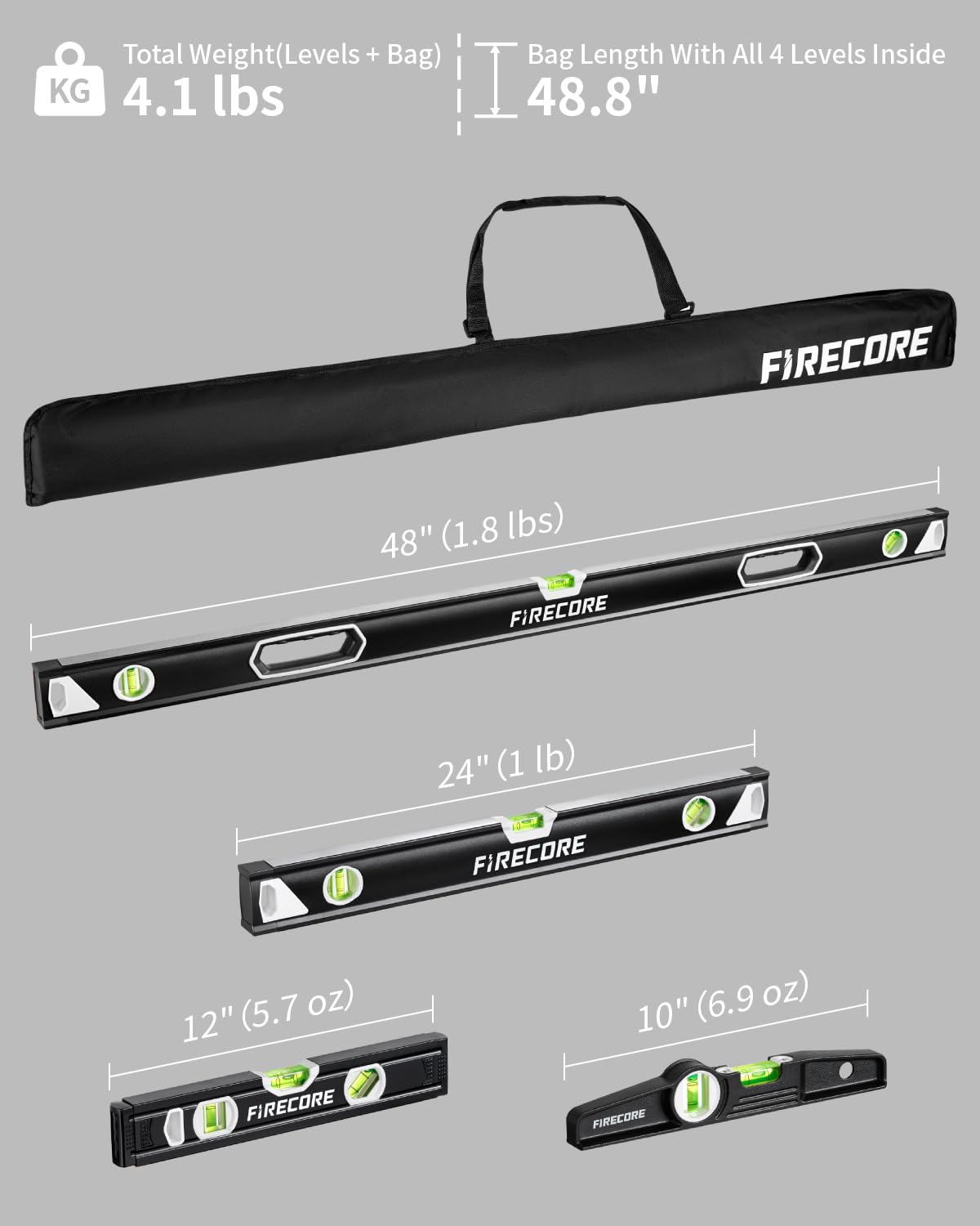 Firecore 4-Piece Shockproof Spirit Level Set with Enhanced Magnetic Hold