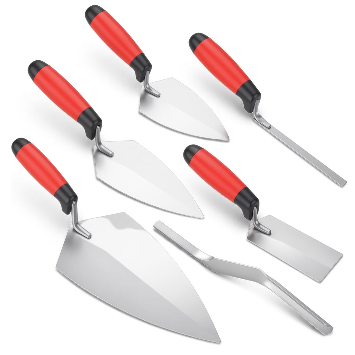 Kuyeyzu 6 Pcs Masonry Hand Tools Set Includes 11" Brick Trowel, 2 Pointing Trowels, 5" Margin Tool, 11.5" Tuck Pointing Tool, and 5/8" x 1/2" Convex Brick Jointer