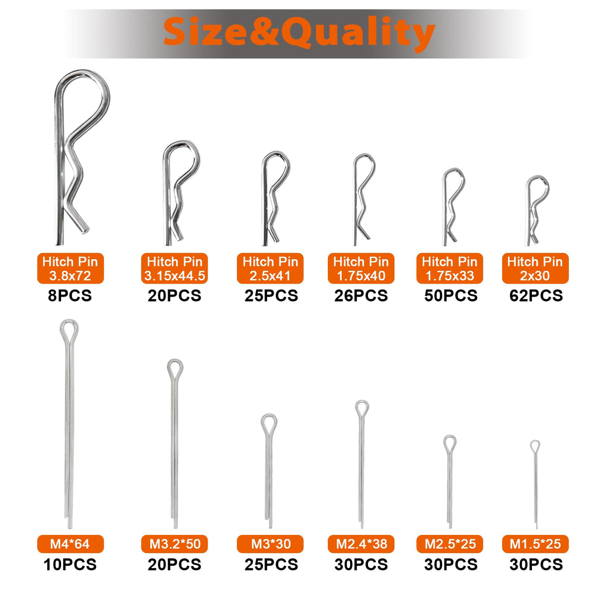 380 Pcs Heavy Duty Pin Kit, Hitch, R, Hair, Lynch, PTO Pins for Trucks, Trailers, Tractors, Mowers, Accessories, Farm, Lawn, Hitches, Garden