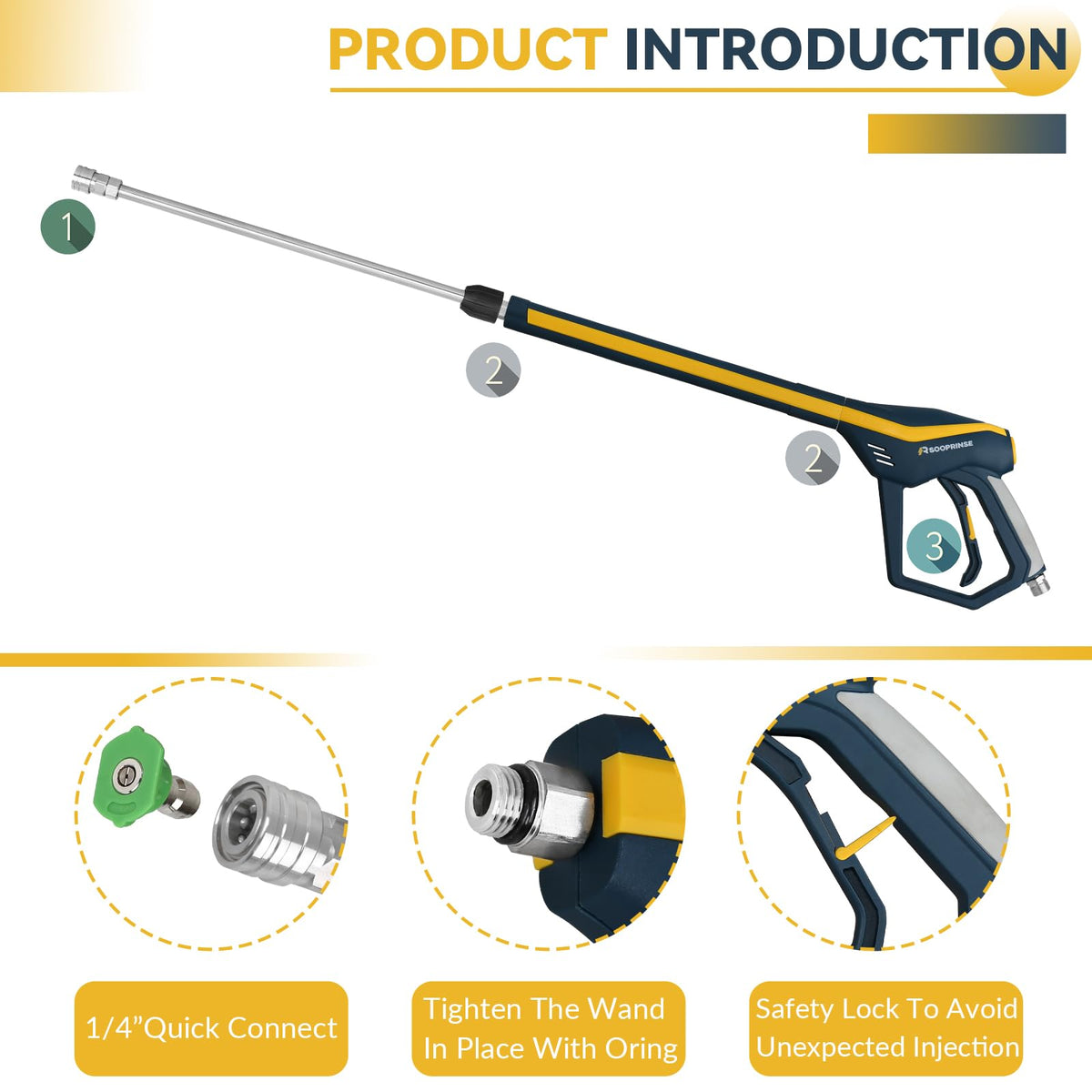 Sooprinse High Pressure Washer Gun with Replacement Wand Extension, Power Washer Gun, M22-14 Fitting, 5 Nozzle Tips, 42 Inch, 4000 PSI