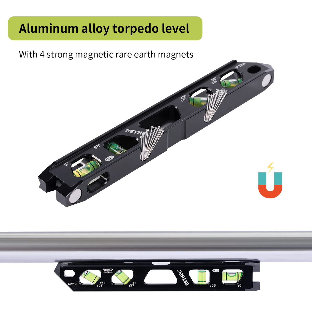 BETHEL Torpedo Level, Magnetic Conduit Level with 4 Vials, V-Groove and Magnet Track,Aluminum Alloy Construction, High Viz Black (9 inch)