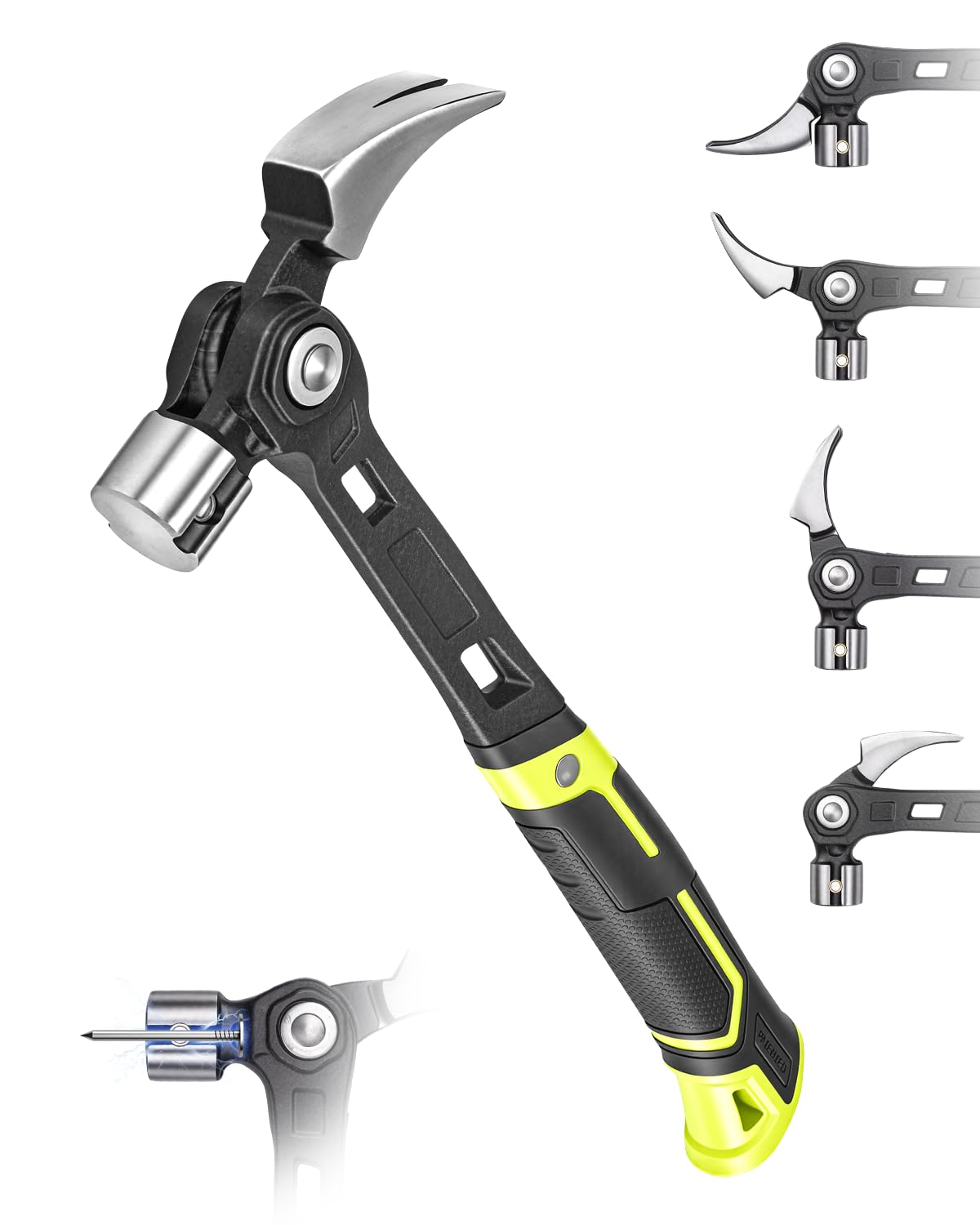 Adjustable Claw Hammer with 4-Position Nail Puller and Magnetic Starter