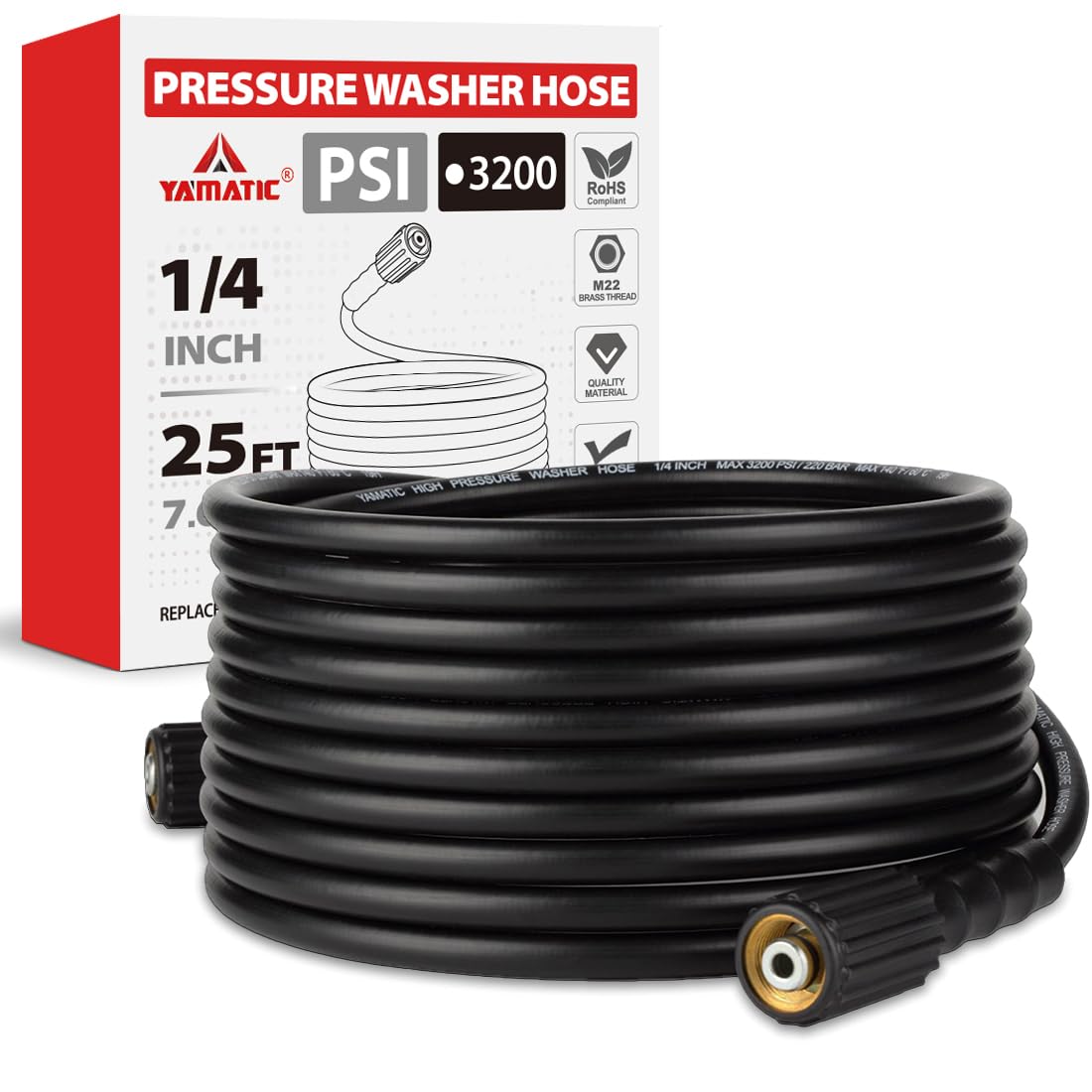YAMATIC Pressure Washer Hose 25 FT 1/4", M22-14mm Females